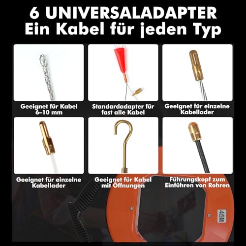Kabeleinziehhilfe 45 M, 4mm Einziehspirale, Einziehfeder, Zugdraht für Leerrohre mit 6 Adapter, Kabelziehhilfe mit Kunststoffgehäuse und Handgriff, Einzugshilfe Kabel für Elektroarbeiten.