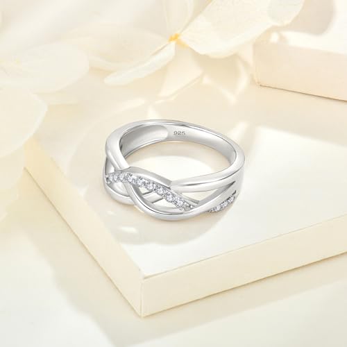 Infinity Celtic Knot Ring for Her 925 Sterling Silver Criss Cross Twisted Rings Cubic Zirconia Statement Anniversary Band Promise Ring for Her Size 5-103