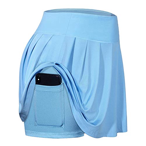 Women's Athletic Tennis Skirt Elastic Running Golf Skort Pleated Skirts with Pocket Built-in Shorts,Blue,M