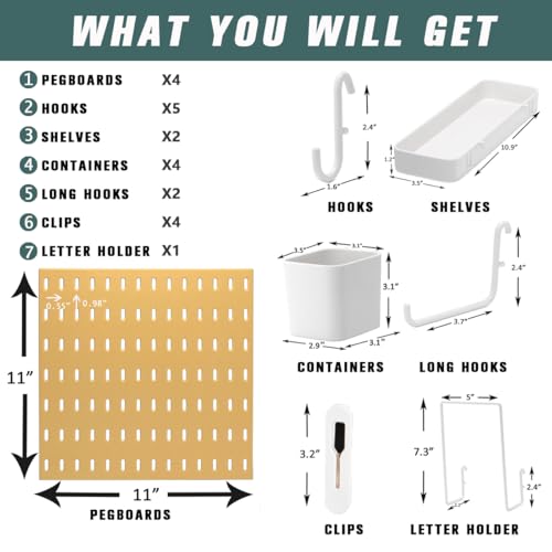 RIVTUN Pegboard Combination Kit for Wall Organizer, Wall Mounted Peg Board Kits for Kitchen, Bedroom, Office, &Bathroom, 4 Pieces White Pegboards and 14 Accessories, 22" x 22"