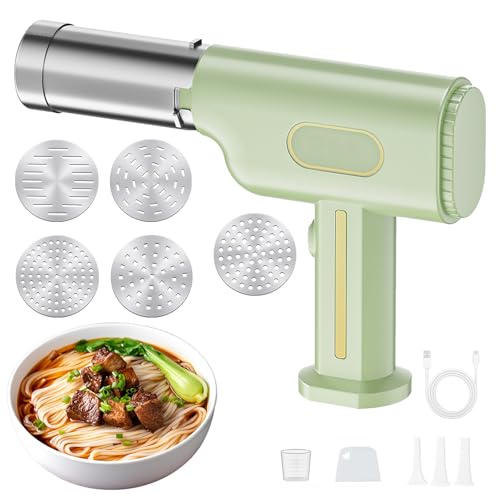 2600mAh Handheld Electric Pasta Maker,Machine Stainless Steel Portable Automatic Pasta Maker,Cordless Noodle Machine with 5 Pasta Moulds, 3 Enema Moulds,Spatula and Measuring Cup