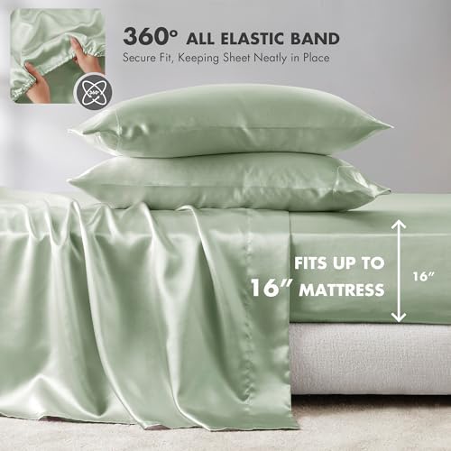 Image of Madison Park Essentials Satin Sheets Twin Size Bed Set, 4 Piece, Sage | Luxury and Smooth Silky Bedding with Natural Sheen, All Around Elastic 14 inch Pocket fits up to 16 inch Mattress, Year-Round Cozy