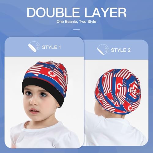 American Flag and North Korean Flag Kids Leisure Elastic Knitted Hat Junior Large Size Knit Cap Child Beanie Black3