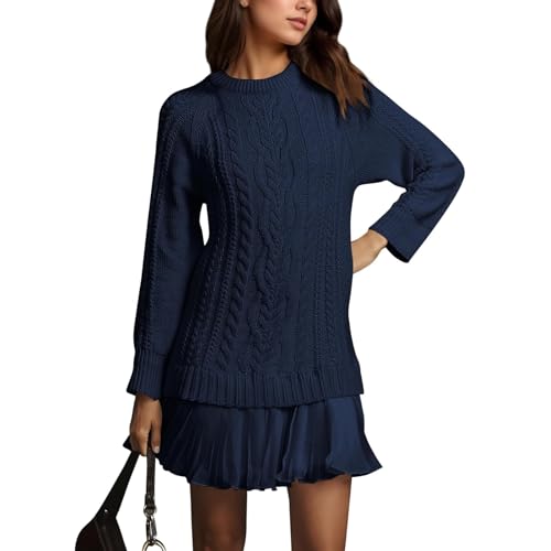Women Crewneck Cable Knit Sweater Mini Dress, Sweater Dresses for Women 2025, Soft Stretchy Knitted Patchwork Dress