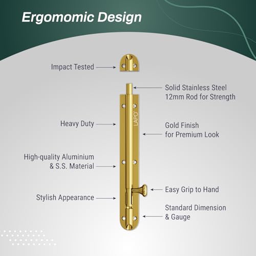 Image of LAPO 8 Inch Aluminium Tower Bolt for Main Door, Bathroom & Bedroom, Reliable Door Latch Sturdy Chitakni Latch with Fittings (Gold Finish, Pack of 1)