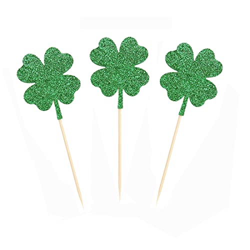 Morndew 24 Pcs Green Glitter Four Leaf Clover Cupcake Toppers For St Patrick's Day Party Birthday Party Baby Shower Wedding Party Decorations #TOP2