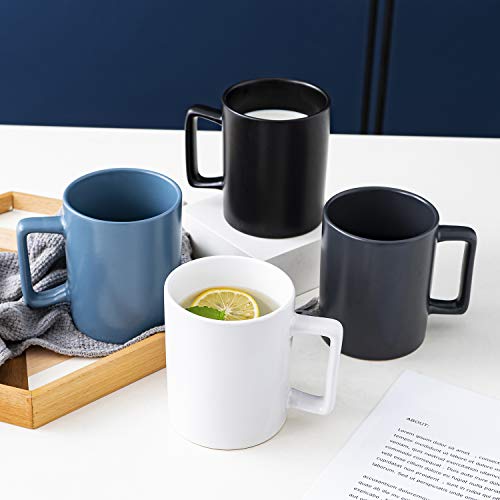 Bruntmor 16 Oz Coffee Cups With Square Handle | Coffee Mug Set Of 4, Cute Modern Porcelain Flat Ceramic Mug In Monochrome Colors, Best Gift For Your Christmas, Birthday Or Diy Cafe Decoration #TOP4
