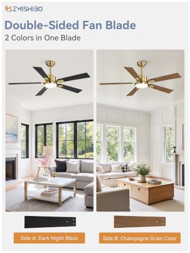 Image of ZMISHIBO 52 inch Black and Gold Ceiling Fans with Lights and Remote, Indoor /Outdoor Modern Ceiling Fan for Bedroom Living Room Patio, 6 Speed Reversible Quiet DC Motor, 3 CCT, Dual Finish Blades