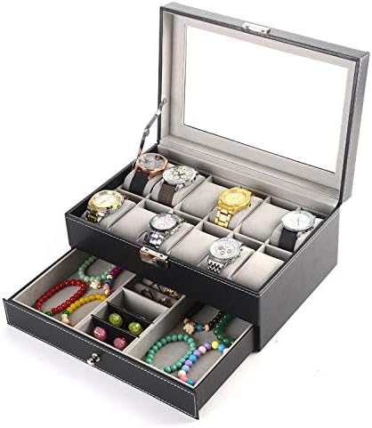PENGKE Watch Box Organizer 2 Tier PU Leather Watch Case Display Organizer for Jewelry Watch,Rings,Lock and glass top