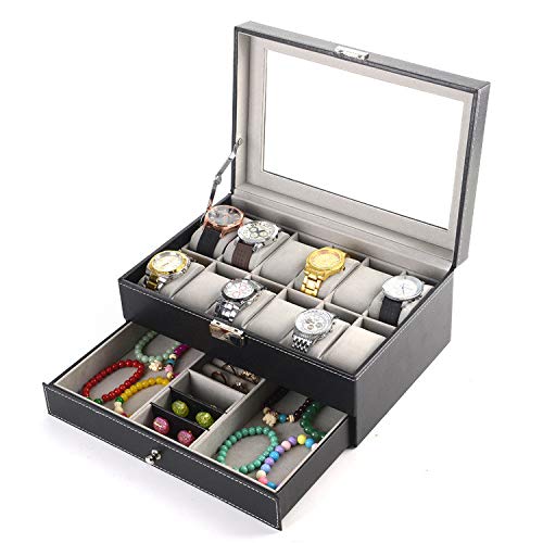PENGKE Watch Box Organizer 2 Tier PU Leather Watch Case Display Organizer for Jewelry Watch,Rings,Lock and glass top