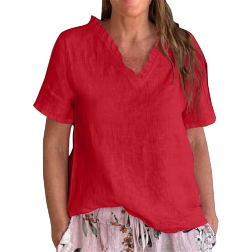 Linen Tops for Women Ruffle Peplum V Neck Short Sleeve Loose Summer Shirts Plus Size Beach Vacation Casual Lounge Outfit 2025