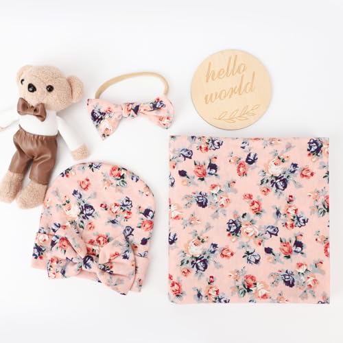 Image of DRESHOW BQUBO Baby Girl Newborn Receiving Blanket with Bow Hat Headband Wooden Birth Announcement Card Set Baby Floral Print Nursery Swaddle Wrap