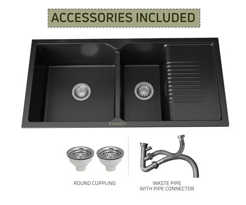 Image of EVANEX Quartz Sink for Kitchen|45x20x9 inch Double Bowl Kitchen Sink with Drain Board|Matt Finish|Black Quartz Kitchen Sink with Sink Connector, Waste Pipe, Coupling and Drain Basket