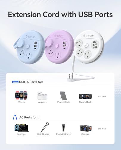 Image of ORICO Travel Power Strip, 4Ft Flat Extension Cord with 3 AC Outlets and 3 USB-A Charging Ports, 45 Flat Plug, Non-Surge Protector Essential for Cruise /Home /Office, White-OR