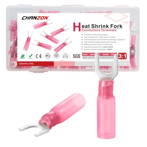 Chanzon 100pcs #10 M5 Heat Shrink Fork Spade U-Type Connector Red 22-16AWG