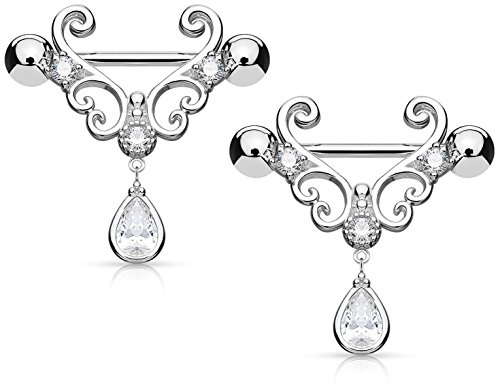 Pierced Owl 14GA 316L Stainless Steel CZ Set Filigree Heart and Dangling CZ Tear Drop Nipple Rings, Sold as a Pair (Silver Tone)