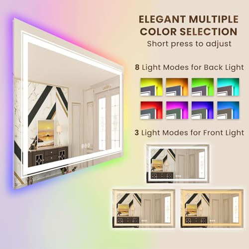 Image of WTTY LED Bathroom Mirror 48 inchx40 inch with RGB Backlit and Front Light,Stepless Dimmable LED Mirror for Bathroom,Colored Lighted Bathroom Vanity Mirror,Anti-Fog,Memory Function,Shatter-Proof