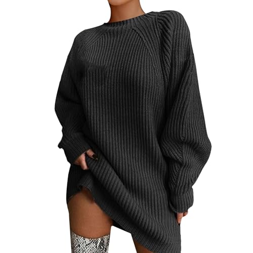 YCBMINGCAN Damen Pullover Herbst,Damen Pulloverkleid Strickkleid Oversize Langarm | Lässiger Longpullover Grobstrick mit Rundhals | Warm Strickpulli...
