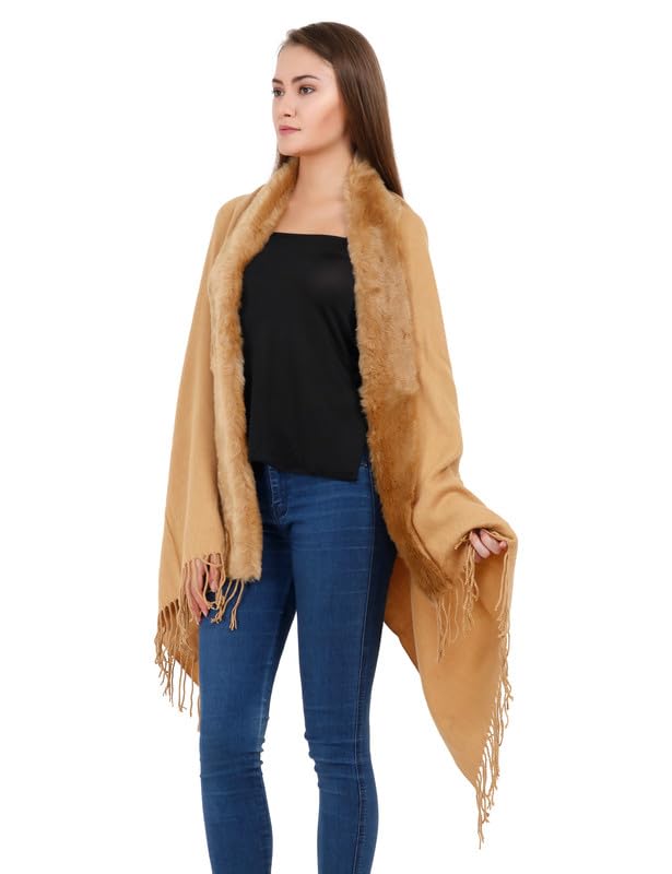 Image of Manra Women's Solid Faux Fur Border Stole Shawl Warm Wrap Cape for Winters (SC 14)
