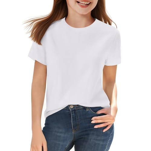 HOTIAN Girls T Shirts 100% Cotton Short Sleeve Tops Kids Summer Casual Crewneck Basic Tees 3-15 Years