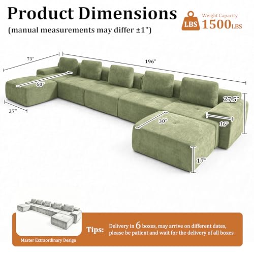 Image of 196 inch U Shaped Oversized Boneless Couch, Comfort Cloud Sectional Couches for Living Room, Modular Sofa High Back & Extra Deep Seat, No Assembly, Chenille (Olive Green, 196 inch-U Shaped(5+2))