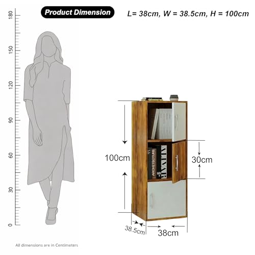 Image of Callas Wooden Book Rack | Multi-Compartment Storage Cabinet | Space-Saving Vertical Bookshelf with Doors | Durable & Sturdy Organizer for Home & Office (Walnut, 3 Tier)