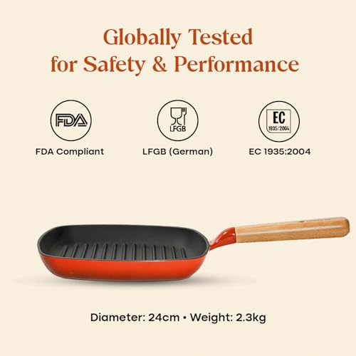 Image of CUMIN CO. Cast Iron Grill Pan | 24 cm, 1.2L | Induction Base Cookware | 10 Year Warranty | Non Toxic Non Stick Pan for Kebab and Tikkas | Chemical Free Coating | Grill Safe | Color: Rust