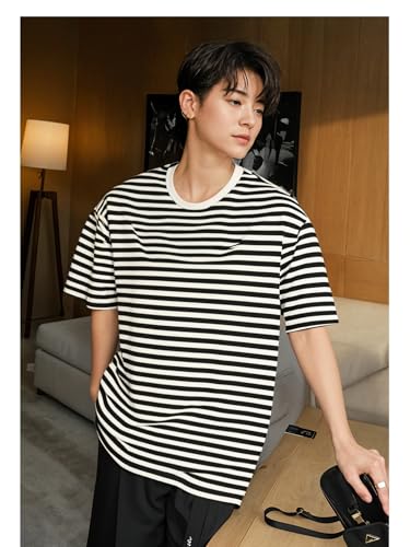 Image of Mack Jonney Oversized | Loose Fit | Half Sleeves 100% Cotton Round Neck Striped T-Shirt for Men-MACK640558