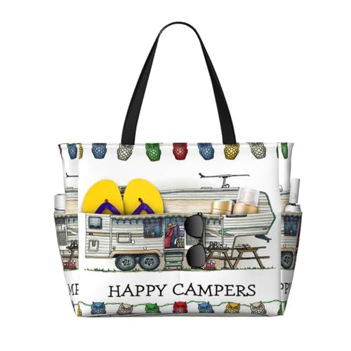 Sac fourre-tout imprimé Happy Camper : grand sac à bandoulière Hobo noir, taille unique
