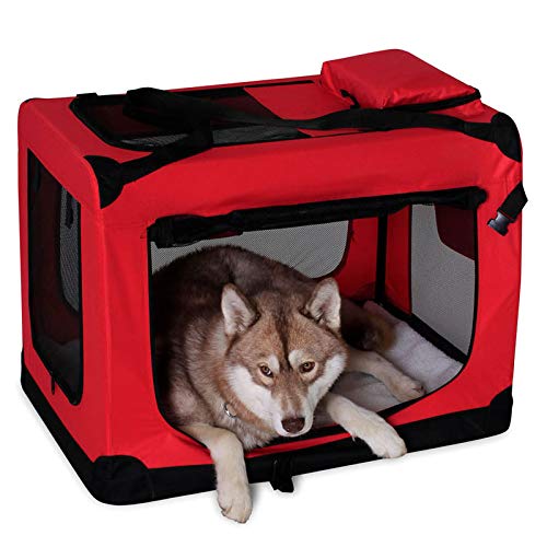 Hundetransportbox faltbar für Reise & Auto, 90x61x65 cm, stabile Transportbox mit Tragegriffen & Decke für Katzen & Hunde bis 22 kg, robuste Hundebox aus Stoff für klein & groß, dunkelrot – Bild 3