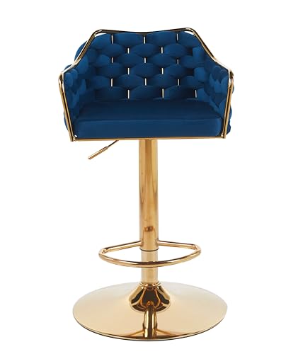 Image of Creative Blue Fabric Upholstered Bar Stool with Golden Plated Base | Modern Counter Height Chair with Padded Seat, Swivel & Footrest (Pack of 1) (Blue)