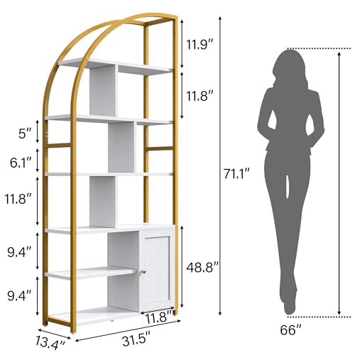 Image of Jehiatek 71 inch Arc Gold Bookshelf with Storage Cabinet, Tall 6 Tiers Industrial Bookcase with Sturdy Metal Frame, Geometric Book Shelf for Lving Room, Home Office, Gold and White