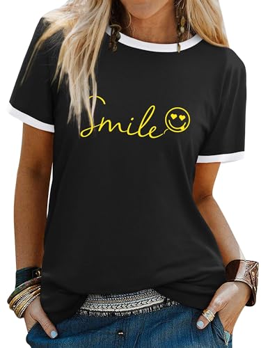 Dresswel Womens T-Shirt Cute Funny Smile Face Graphic Print Tee Shirts Summer Tops(Black, 2XL)