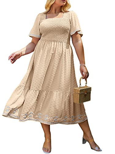 Glamaker Women's Plus Size Summer Casual Short Sleeve Smocked Square Neck A Line Flowy Midi Dress...