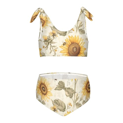 Aesthetic Sunflower Neutral Girls Swim Suit High Waisted 2 Piece Swimwear Little Girls Swimsuit Set 3T