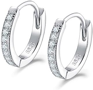 Shuxin Silver Hoops Earrings for Women, 925 Sterling Silver Huggie Hinged Earrings with AAA Cubic Zirconia, Diameter 13mm Hypoallergenic Small Sleeper Hoops, 3 Color in Silver/Gold/Rose Gold