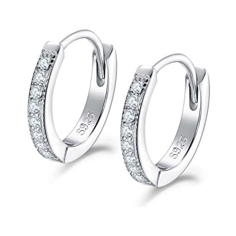 Shuxin Silver Hoops Earrings for Women, 925 Sterling Silver Huggie Hinged Earrings with AAA Cubic Zirconia, Diameter 13mm Hypoallergenic Small Sleeper Hoops Cover