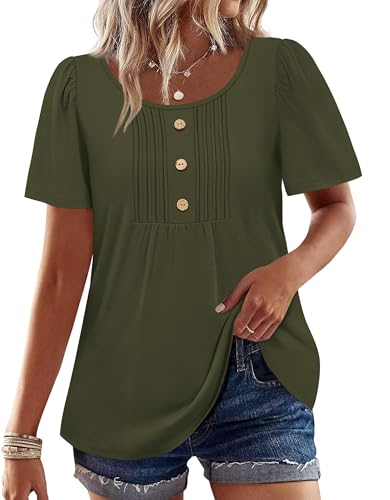 Image of Womens Tops Dressy Casual Blouses Short Sleeve Shirts Plus Size Fashion Clothing Spring Summer Outfits Button Pleated Front