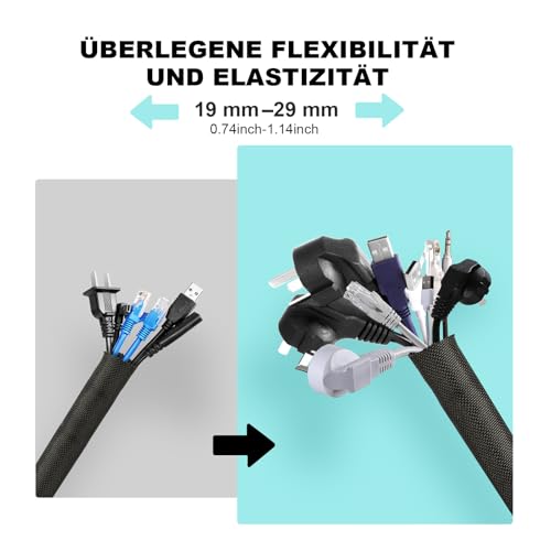 AGPTEK 6m Kabelschlauch, 25mm selbstschließend Kabelkanal, Flexibler Textilien Kabelmantel, Kabelmanagement für Schreibtisch, TV, Computer, PC, Kabelschutz für Hund, Katze, Schwarz