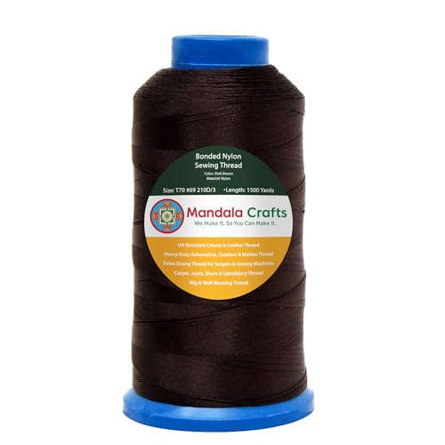 Mandala Crafts Size 69 210D T70 Bonded Nylon Thread - Dark Brown 1500 YDs Tex 70 Heavy Duty Sewing Threads for Leather, Jeans, Weaving, Outdoor Marine Upholstery