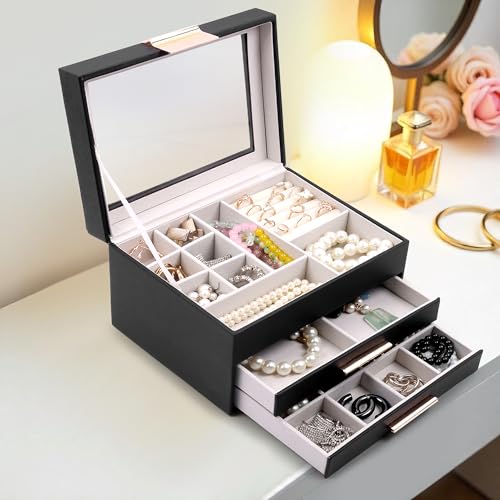 Image of BucketList Luxury PU Leather Jewellery Organizer Box with Glass Top | Multi-Drawer Jewelry Storage Case with Ring Slots & Compartments | Elegant Lockable (2 Drawers Jewellery Box (Black))
