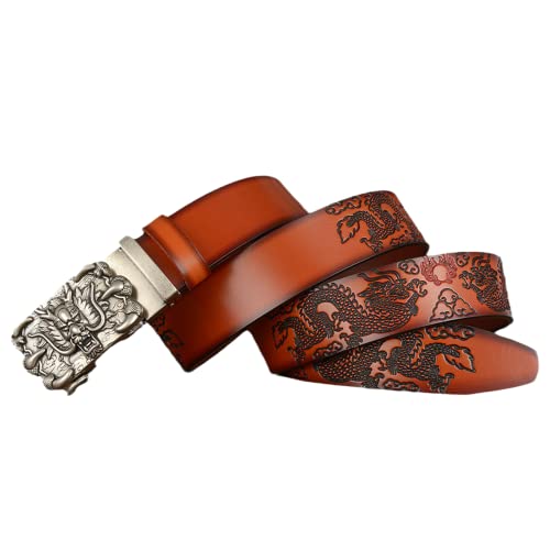 Men's Leather Ratchet Dress Belt With Dragon Head Claw Slide Buckle - Western Cowboy Dragon Engraved Handmade Waistband