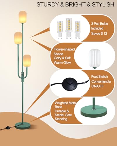 Image of Lightdot 66IN Dimmable Floor Lamp 3-Lights Vintage Green Floor Lamps with Cylindrical Shade& Bulbs Included for Wedding /Party Modern Tall Standing Lamp with 5Lbs Heavy Base for Living Room /Bedroom
