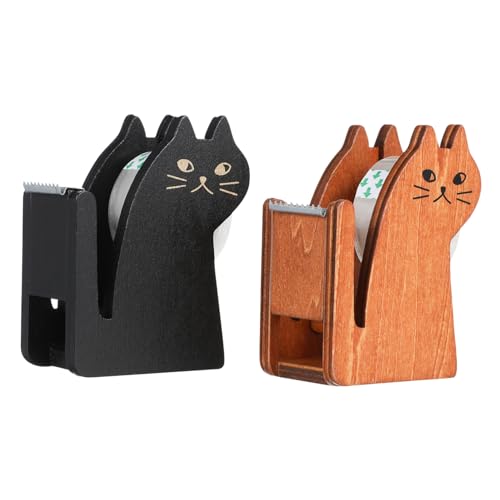 HOMSFOU 2個かわいい猫型テープディスペンサー 木製テープホルダー オフィスおよび家用 便利なカッター付き 収納しやすいデザイン
