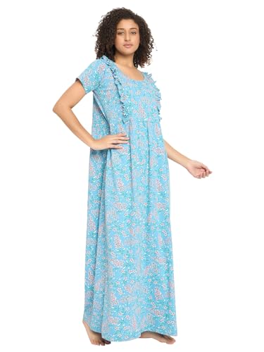 Image of Clovia Women's Rayon Printed Long Night Dress - Blue