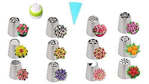 Lot de 14 douilles russes pour décoration de gâteaux, cupcakes, tulipes, douilles de glaçage en forme de fleurs, sacs de glaçage et embouts pour pâtisserie (3) Cover