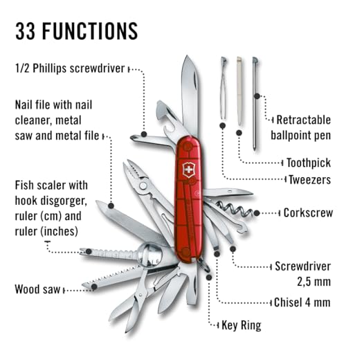 Image of Victorinox Swiss Champ Swiss Army Knife, 33 Functions, Swiss Made Pocket Knife with Large Blade, Screwdriver, Chisel and Combination Pliers - Ruby | Swiss Made pocket knife with stainless steel pliers, scissors, and large blade. Compact 91mm toolbox for camping or DIY