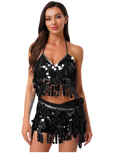 JanJean Womens Latin Dance Outfit 2-Piece Set Glittery Sequin Fringe
