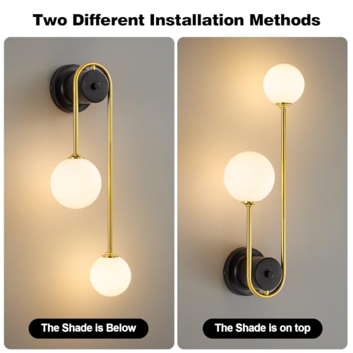 Image of Globe Wall Sconce, Double Hanging Ball Sconce, Modern Indoor Sconces | Gold Double Globe wall Sconce with Milk Glass Shades, Hardwired Indoor ball Sconce for Bedroom Bathroom Living Room Hallway