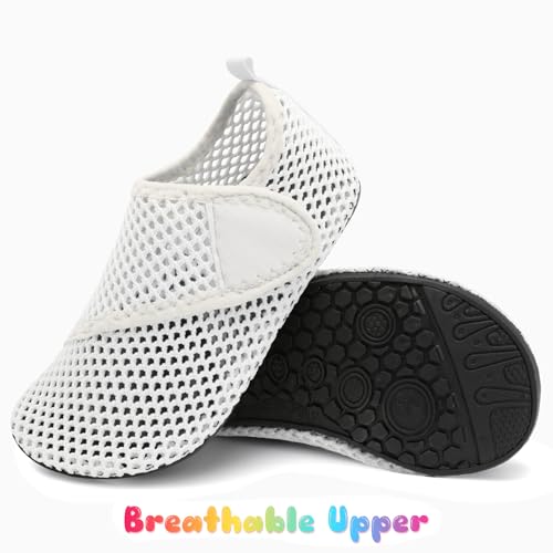 JIASUQI Toddler Water Shoes for Kids Boys Pool Beach Aqua Socks Water Shoes Mesh White 8-8.5 Toddler